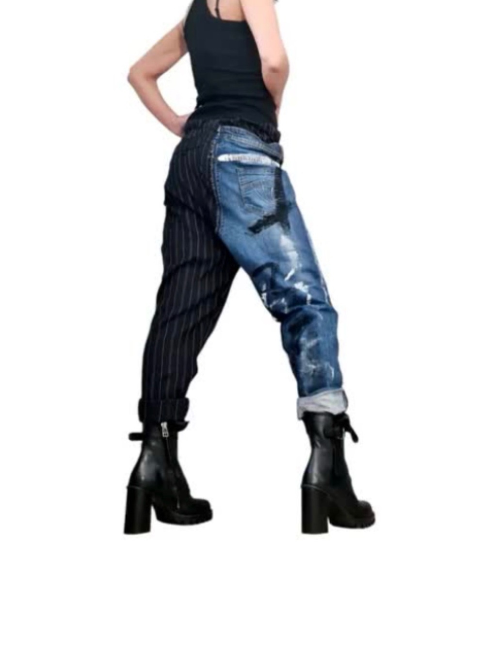 Two-Tone Boyfriend Jeans - Black Pinstripe & Distressed Blue